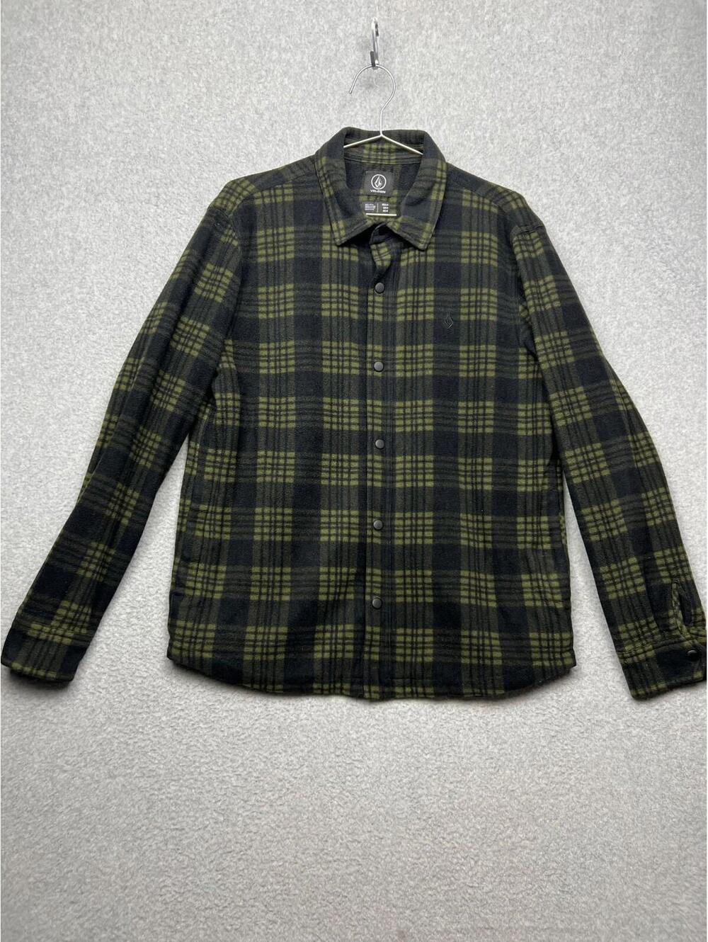 Volcom Fleece Lined Snap Shirt Jacket Mens M Green Plaid Classic Fit Casual